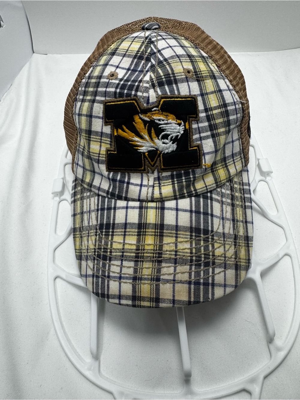 Plaid Trucker Cap with Embroidered 'M' Tiger Patch - Yellow, Black, Brown H020